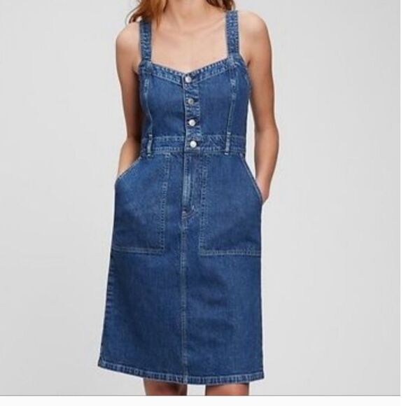 Gap Denim Dress Petite Size 4 Medium Blue Wash V-Neck Button Front Midi - Picture 1 of 12
